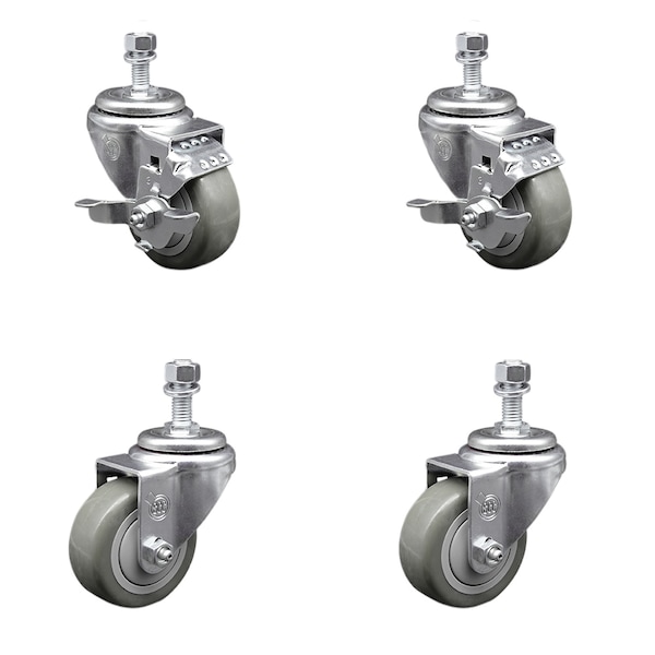 Service Caster 3.5 Inch SS Gray Polyurethane Swivel 1/2 Inch Threaded Stem Caster Brakes, 2PK SCC-SSTS20S3514-PPUB-TLB-121315-2-S2 - main